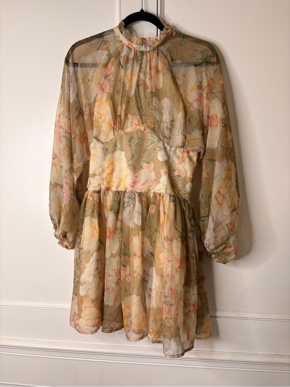 En Saison Sheer Floral High-Neck Mini Dress in Beige and Green